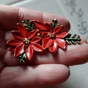 Christmas Poinsettia Brooch Vintage Holiday Pin Red Enamel General Mfg USA  +bag